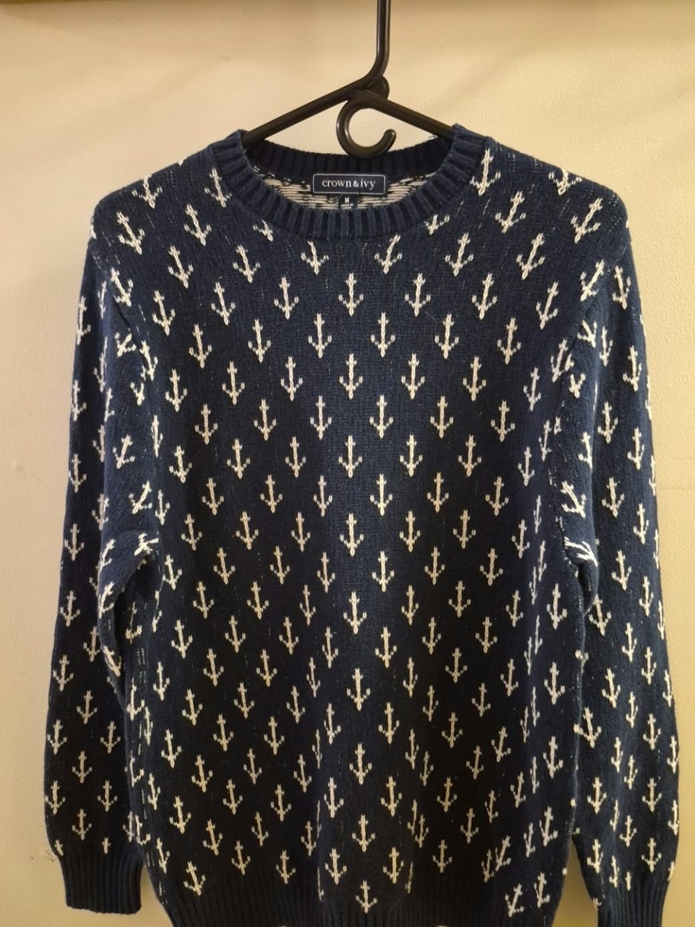 Crown & Ivy Anchor Print Crew Neck Sweater Crewneck Sweater in Blue Medium